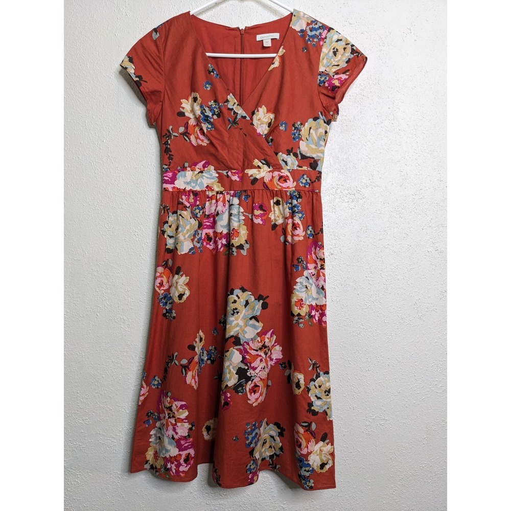 Garnet Hill 100% Cotton Size 2 Floral‎ Dress Knee Length V Neck Orange Babydoll